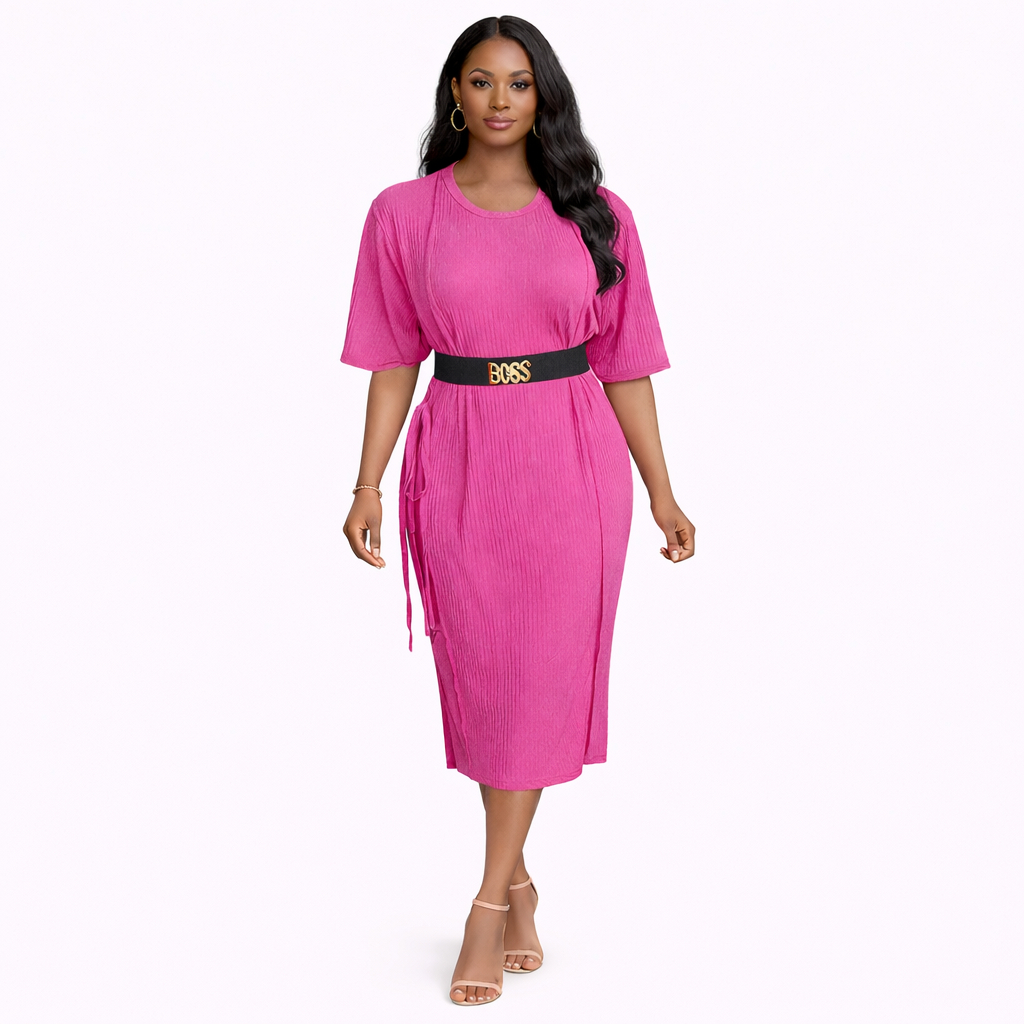 Fuchsia Ribbed Belted Midi Gown